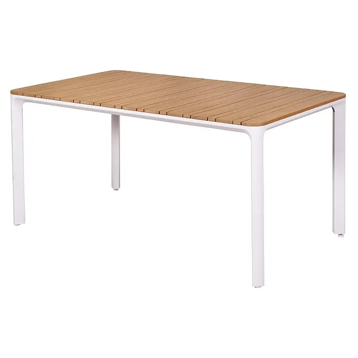 Merxx Gartentisch-Set Pisa - Gesamtumfang: 5 -tlg., L x B x H: 160 x 90 x 77 cm, Aluminium/Textil, Stapelbar - Rechteckiger Tisch mit Lattenrostplatte aus Holz und weißen Beinen.