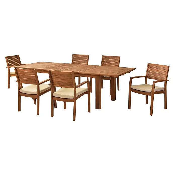 Merxx Gartentisch-Set Batavia - Gesamtumfang: 13 -tlg., L x B x H: 260 x 100 x 75 cm, Akazie, Stapelbar - Ausziehbare braune Holz-Gartenessgruppe mit sechs Stühlen und hellbeigen Polstern.