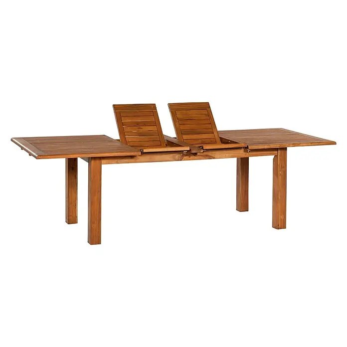 Merxx Gartentisch-Set Batavia - Gesamtumfang: 13 -tlg., L x B x H: 260 x 100 x 75 cm, Akazie, Stapelbar - Brauner, ausziehbarer Holztisch mit Lattenplatte, gezeigt mit zwei mittigen Verlängerungsplatten hochgeklappt.