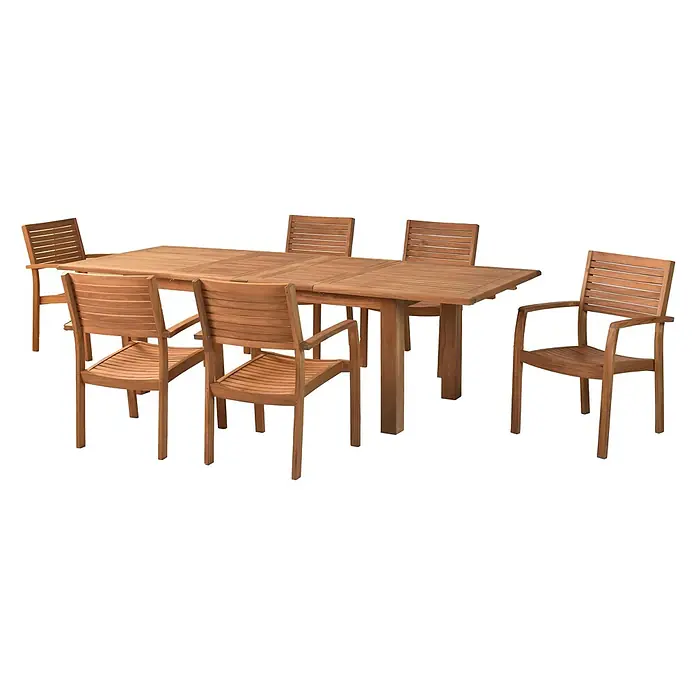 Merxx Gartentisch-Set Batavia - Gesamtumfang: 7 -tlg., L x B x H: 260 x 100 x 75 cm, Akazie, Stapelbar - Garten-Essgruppe aus Teakholz mit ausziehbarem Tisch und sechs Stühlen, davon zwei Sessel.