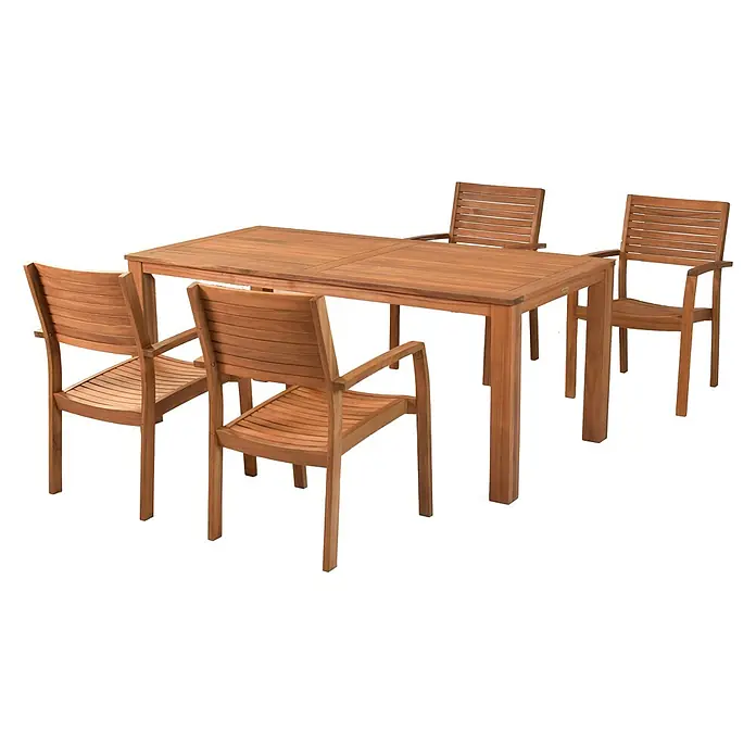 Merxx Gartentisch-Set Batavia - Gesamtumfang: 5 -tlg., L x B x H: 185 x 90 x 75 cm, Akazie, Stapelbar - Braunes Outdoor-Essgruppe aus Holz mit rechteckigem Lattenrosttisch und vier passenden Lattenstühlen.