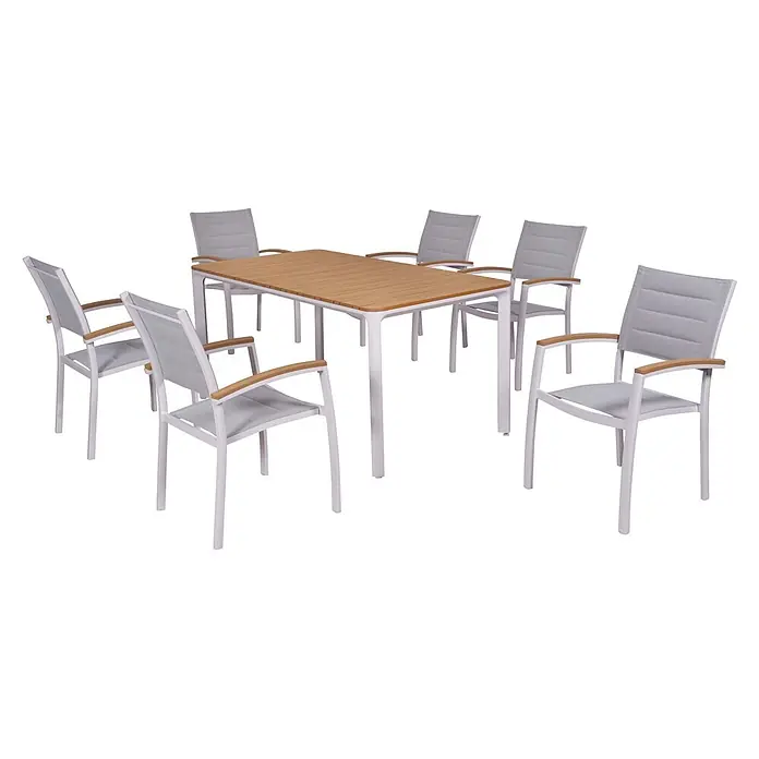 Merxx Gartentisch-Set Pisa - Gesamtumfang: 7 -tlg., Aluminium/Textil, Stapelbar - Rechteckiger Esstisch mit Holzplatte und hellem Gestell, dazu sechs passende Stühle mit hellgrauen Textilsitzen, Rückenlehnen und Holzarmlehnen.