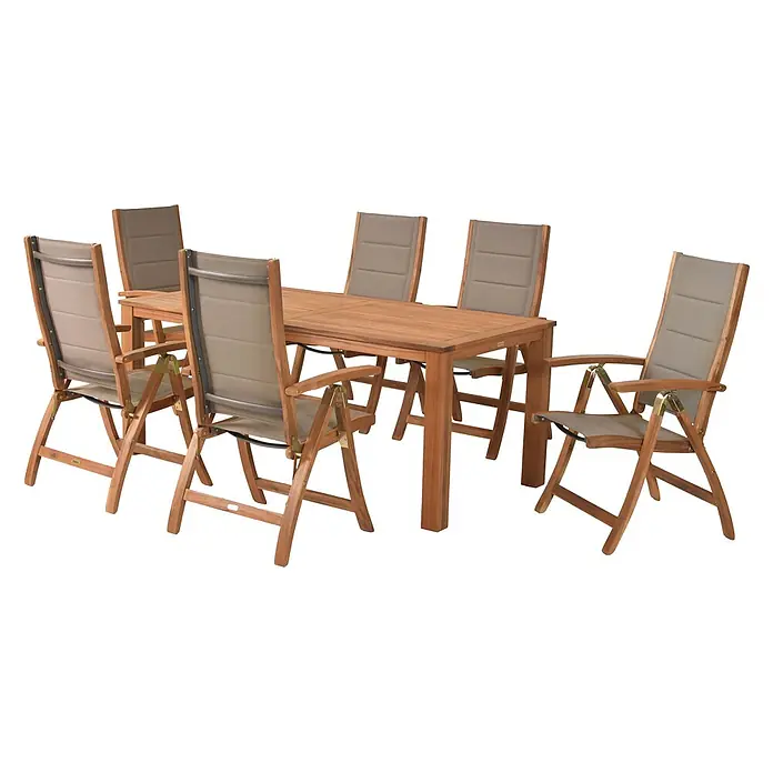 Merxx Gartentisch-Set Acapulco - Gesamtumfang: 7 -tlg., L x B x H: 262 x 90 x 75 cm, Akazie/Textil, Klappbar - Gartentischgruppe aus Holz mit einem Tisch und sechs grauen, gepolsterten Klappstühlen.