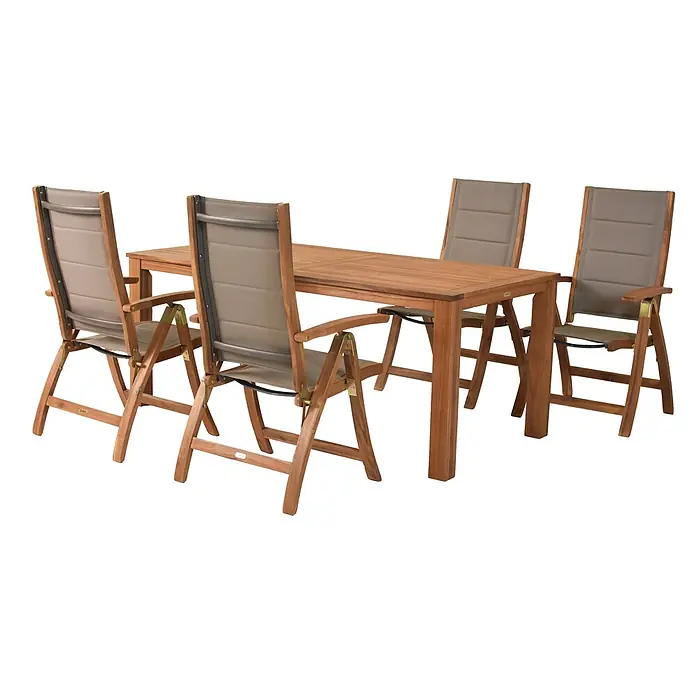 Merxx Gartentisch-Set Acapulco - Gesamtumfang: 5 -tlg., L x B x H: 261 x 90 x 75 cm, Akazie/Textil, Klappbar - Gartenmöbelset aus Holz mit rechteckigem Tisch und vier Klappstühlen mit beigen Stoffbezügen.