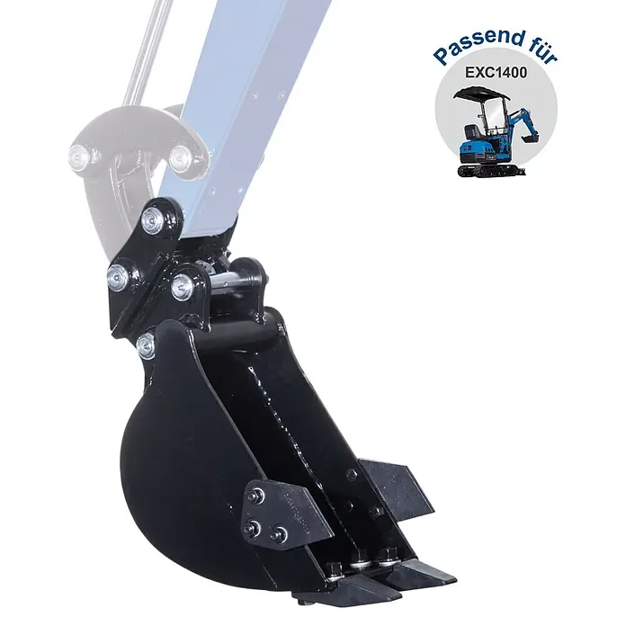 Scheppach Greifschaufel - Stahl, Passend für: Scheppach Minibagger EXC1400 - Schwarze Metall-Baggerschaufel, an einem blauen Baggerarm befestigt, passend für Minibagger EXC1400.