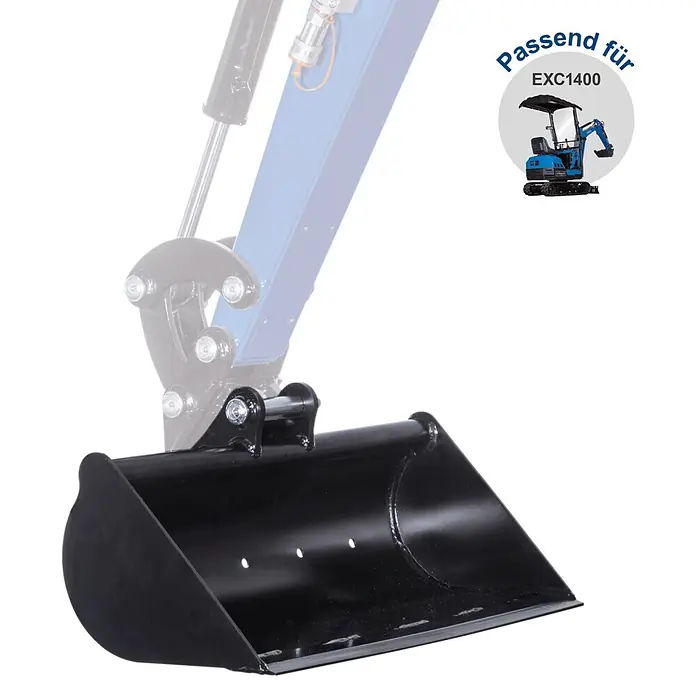 Scheppach Cuchara para taludes - Ancho: 700 mm, Específico para: Miniexcavadora Scheppach EXC1400 - Cazo de excavadora negro, unido a un brazo, adecuado para miniexcavadoras EXC1400.
