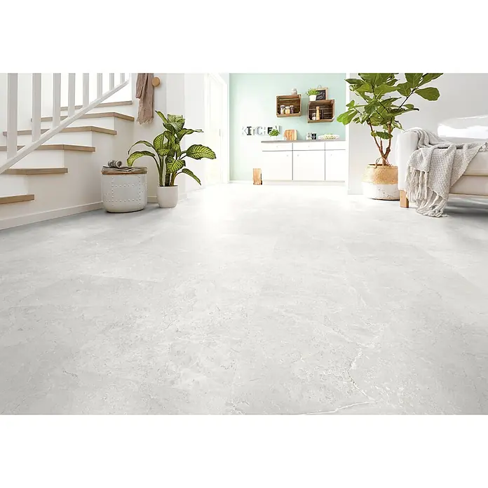 Decolife Designboden Naturestyle Pure - Slate Light Grey, Fliese, 905 x 295 x 9 mm - Heller, gemusterter Bodenbelag in einem modernen, hellen Interieur.