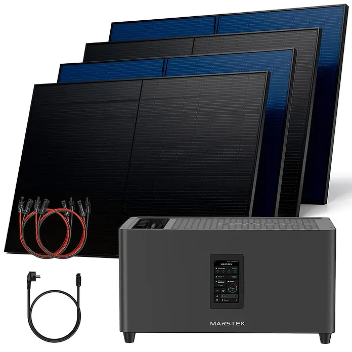 Sunniva Balkonkraftwerk-Set 2000 / 800 Watt mit Marstek Jupiter C Plus 2.56 kWh Speicher - Nennleistung: 800 W - Komplettes Solarenergiesystem mit schwarzen und blauen Solarmodulen, Anschlusskabeln und einer dunkelgrauen MARSTEK Powerstation.
