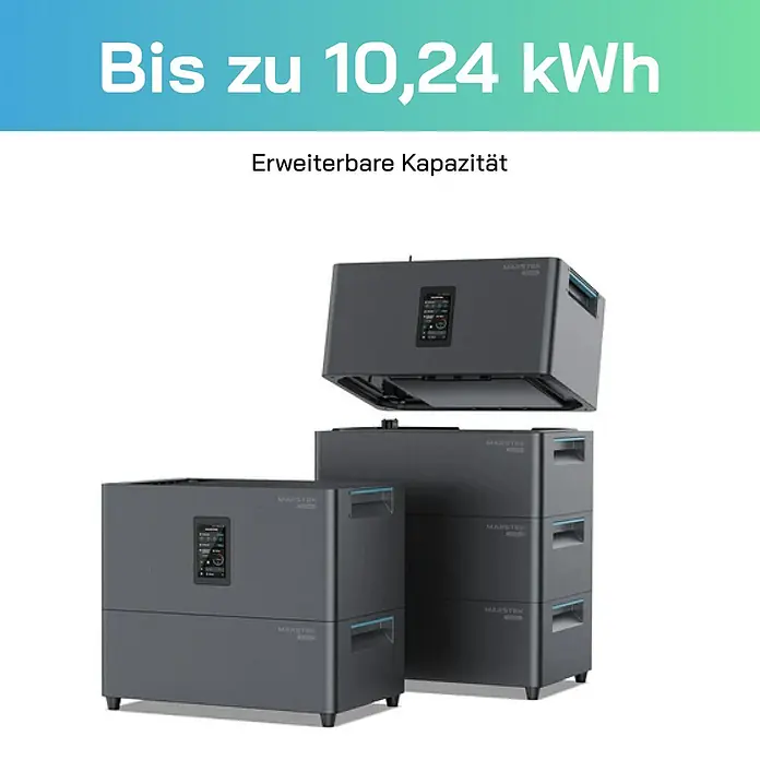 Sunniva Balkonkraftwerk-Set 2760 / 800 Watt mit Marstek Jupiter C Plus 7.68 kWh Speicher - Nennleistung: 800 W, L x B x H: 1.762 x 1.134 x 30 mm - Dunkelgraue modulare Energiespeicher mit blauen Akzenten, zeigen erweiterbare Kapazität bis zu 10,24 kWh.