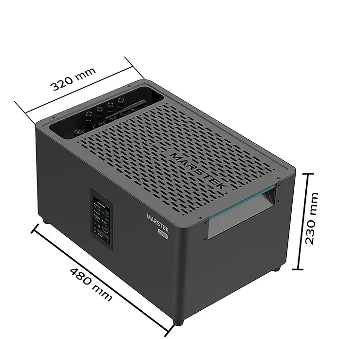 Sunniva Balkonkraftwerk-Set 2760 / 800 Watt mit Marstek Jupiter C Plus 7.68 kWh Speicher - Nennleistung: 800 W, L x B x H: 1.762 x 1.134 x 30 mm - Dunkelgrauer MARSTEK Mini-PC mit Lüftungsgittern, Seitenbildschirm und Maßen 480x320x230 mm.