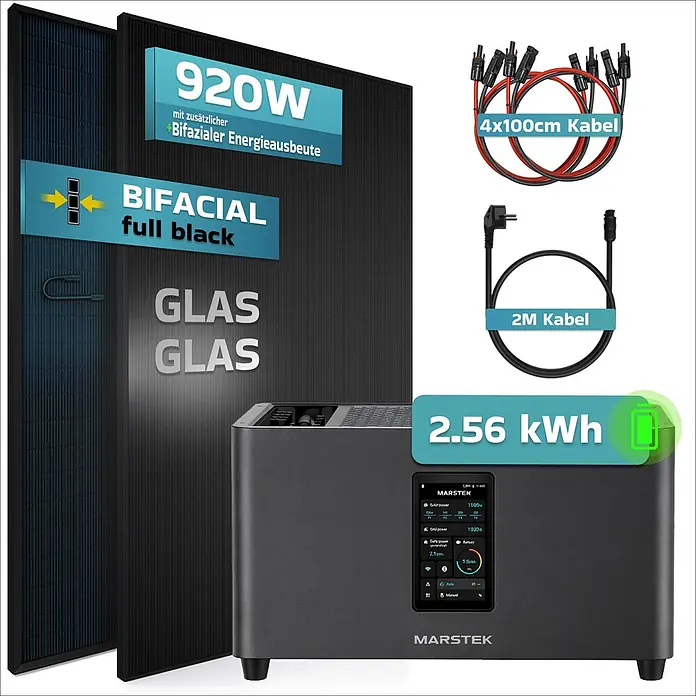 Sunniva Balkonkraftwerk-Set 920 / 800 Watt mit Marstek Jupiter C Plus 2.56 kWh Speicher - Nennleistung: 800 W - Zwei schwarze 920W bifaziale Glas-Glas-Solarmodule, eine 2,56 kWh MARSTEK Powerstation und zugehörige Kabel.