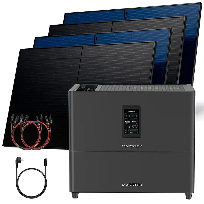 Sunniva Balkonkraftwerk-Set 2000 / 800 Watt mit Marstek Jupiter C Plus 5.12 kWh Speicher - Nennleistung: 800 W - Solarenergiesystem: dunkelgraue Powerstation mit Display, mehrere dunkle und blaue Solarmodule und Anschlusskabel.