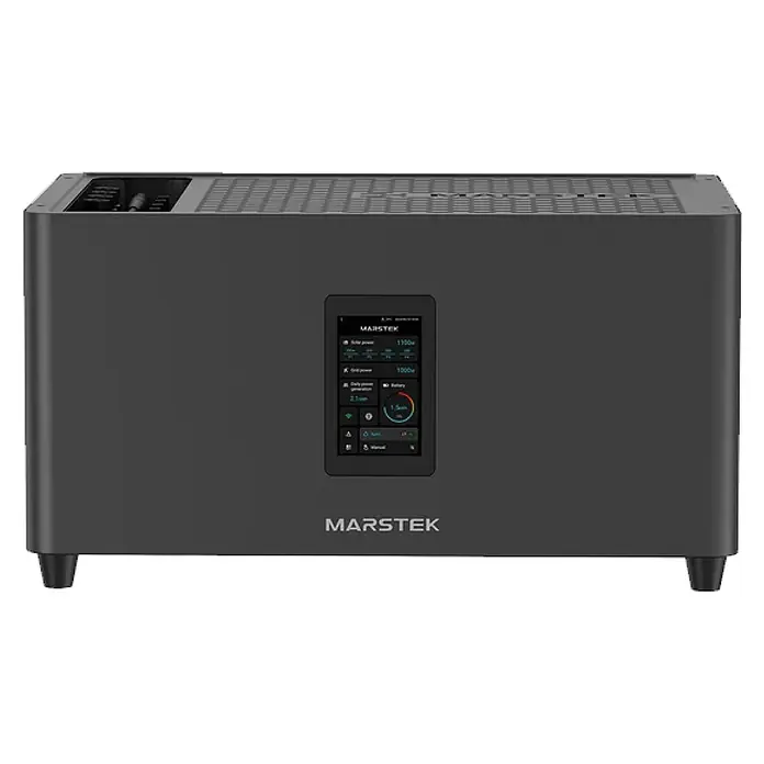 Sunniva Balkonkraftwerk-Set 2760 / 800 Watt mit Marstek Jupiter C Plus 7.68 kWh Speicher - Nennleistung: 800 W, L x B x H: 1.762 x 1.134 x 30 mm - Dunkelgrauer rechteckiger Marstek Energie-Management-Wechselrichter mit mittigem Display und Lüftungsschlitzen oben.