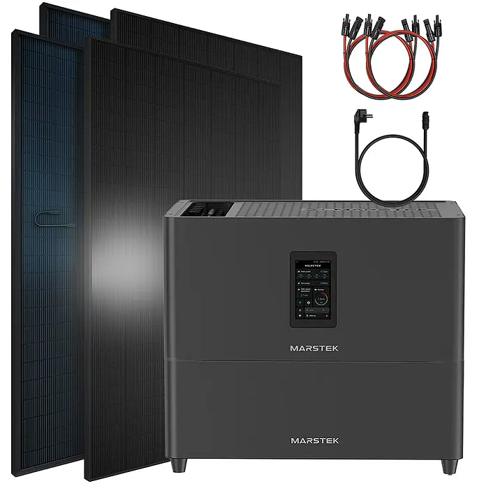 Sunniva Balkonkraftwerk-Set 1840 / 800 Watt mit Marstek Jupiter C Plus 5.12 kWh Speicher - Nennleistung: 800 W - Marstek Solaranlage mit schwarzen Solarmodulen, einer grauen Powerstation und Verbindungskabeln.