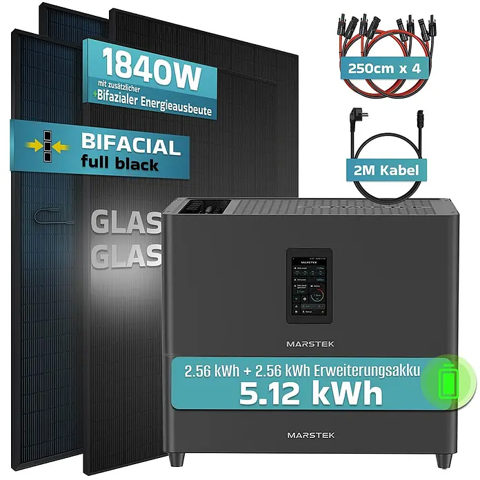 Sunniva Balkonkraftwerk-Set 1840 / 800 Watt mit Marstek Jupiter C Plus 5.12 kWh Speicher - Nennleistung: 800 W - Bifaziale voll schwarze Solarmodule (1840W) mit einer MARSTEK 5.12 kWh Powerstation und Verbindungskabeln, als komplettes Solarenergiesystem.