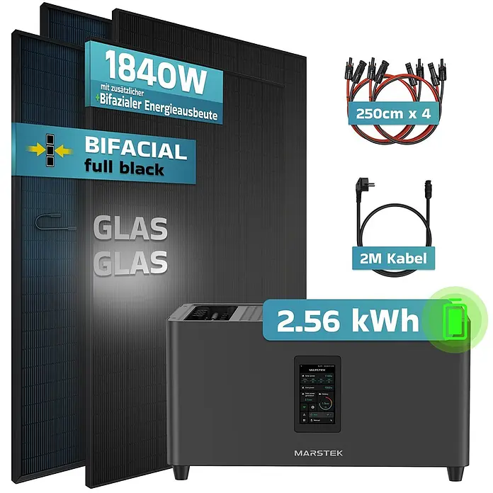 Sunniva Balkonkraftwerk-Set 1840 / 800 Watt mit Marstek Jupiter C Plus 2.56 kWh Speicher - Nennleistung: 800 W - Drei schwarze bifaziale Glas-Glas-Solarpanels, eine MARSTEK 2.56 kWh Powerstation und Kabel.
