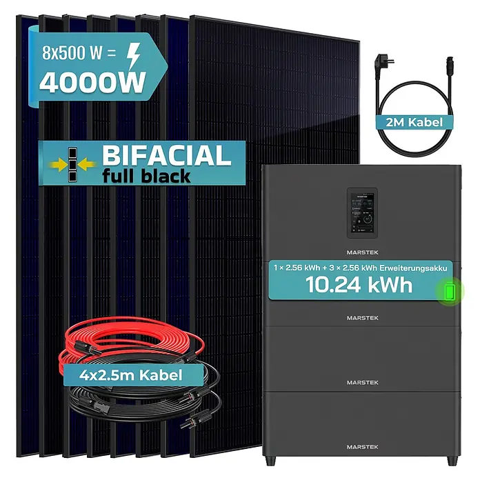Sunniva Balkonkraftwerk-Set 4000 / 800 Watt mit Marstek Jupiter C Plus 10.24 kWh Speicher - Nennleistung: 800 W, L x B x H: 1.906 x 1.134 x 30 mm - Acht schwarze bifaziale Solarmodule (4000W) mit einem schwarzen modularen 10,24 kWh Energiespeichersystem und Anschlusskabeln.