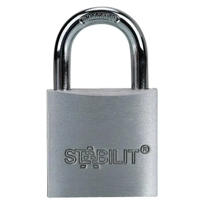 Stabilit Candado A30 - Ancho: 30 mm, Espesor de estribo: 4,8 mm - La imagen muestra un candado plateado Stabilit, que proporciona seguridad y protección.