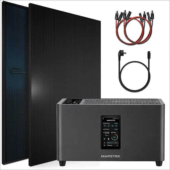 Sunniva Balkonkraftwerk-Set 2760 / 800 Watt mit Marstek Jupiter C Plus 7.68 kWh Speicher - Nennleistung: 800 W, L x B x H: 1.762 x 1.134 x 30 mm - Dunkelgraue MARSTEK Powerstation mit Display, zwei schwarzen Solarmodulen und roten/schwarzen sowie schwarzen Anschlusskabeln als Solarkit.