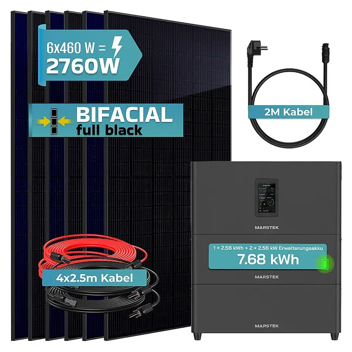 Sunniva Balkonkraftwerk-Set 2760 / 800 Watt mit Marstek Jupiter C Plus 7.68 kWh Speicher - Nennleistung: 800 W, L x B x H: 1.762 x 1.134 x 30 mm - Solarkit mit sechs schwarzen bifacialen Solarmodulen (2760W), einem 7,68 kWh MARSTEK Energiespeicher und Anschlusskabeln.