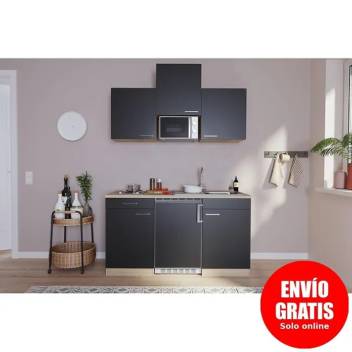 Respekta Cocina compacta Luis - Ancho: 150 cm, Negro, Placa de cocción doble, frigorífico y microondas, Microondas, Color de la encimera: Roble - Cocina compacta con armarios gris oscuro, encimera de madera clara, microondas integrado, placa, fregadero y electrodoméstico bajo encimera.
