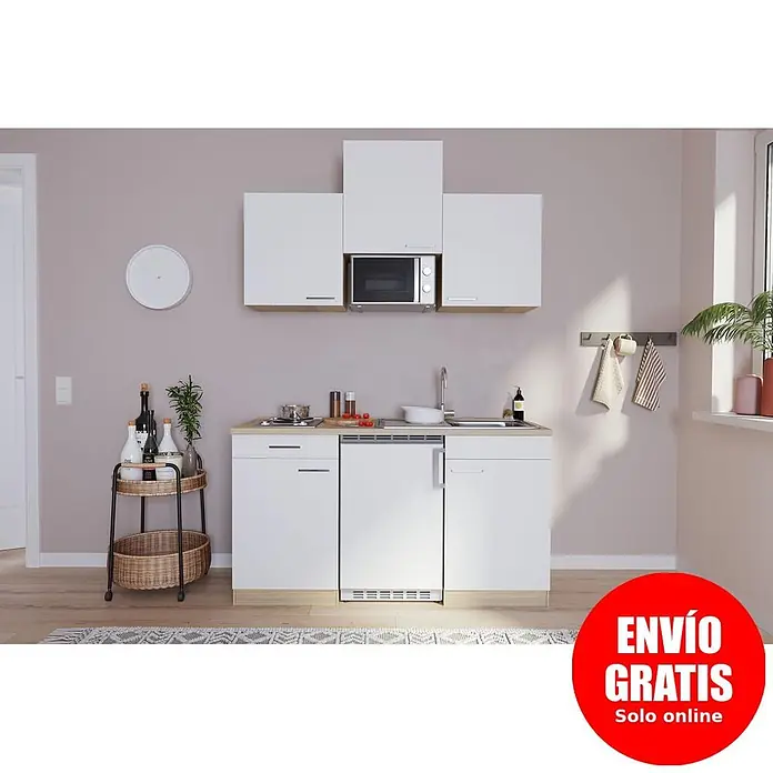Respekta Cocina compacta Luis - Ancho: 150 cm, Blanco, Placa de cocción doble, frigorífico y microondas, Microondas, Color de la encimera: Roble - Minicocina compacta con armarios blancos, encimera de madera clara, microondas integrado, fregadero y electrodomésticos, en un ambiente moderno.