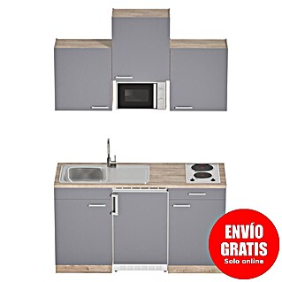 Respekta Cocina compacta Luis (Ancho: 150 cm, Gris, Placa de cocción doble, frigorífico y microondas, Microondas, Color de la encimera: Roble)