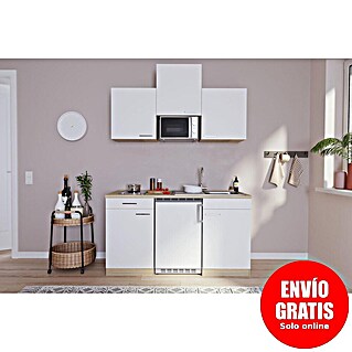 Respekta Cocina compacta Luis (Ancho: 150 cm, Blanco, Placa vitrocerámica, frigorífico y microondas, Microondas, Color de la encimera: Roble)