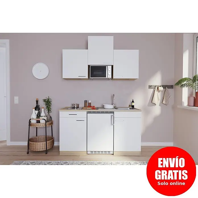Respekta Cocina compacta Luis - Ancho: 150 cm, Blanco, Placa vitrocerámica, frigorífico y microondas, Microondas, Color de la encimera: Roble - Cocina compacta blanca con detalles de madera, armarios superiores, microondas, fregadero y electrodoméstico integrado.