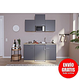 Respekta Cocina compacta Luis (Ancho: 150 cm, Gris, Placa vitrocerámica, frigorífico y microondas, Microondas, Color de la encimera: Roble)