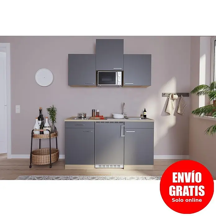 Respekta Cocina compacta Luis - Ancho: 150 cm, Gris, Placa vitrocerámica, frigorífico y microondas, Microondas, Color de la encimera: Roble - Cocina compacta gris con encimera de madera clara, fregadero, placa de cocción y microondas integrado.