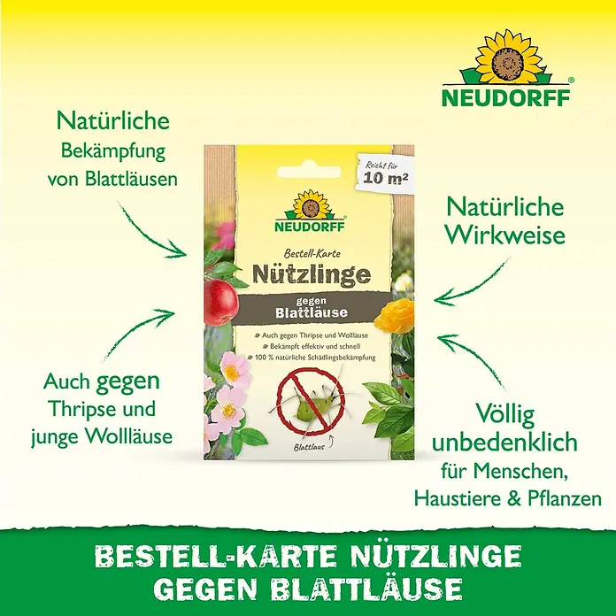 Neudorff Bestellkarte Nützlinge - Blattläuse, Max. Anwendungsfläche: 10 m² - Neudorff Bestell-Karte: Nützlinge gegen Blattläuse. Natürliche Schädlingsbekämpfung, unbedenklich für Menschen, Tiere, Pflanzen.