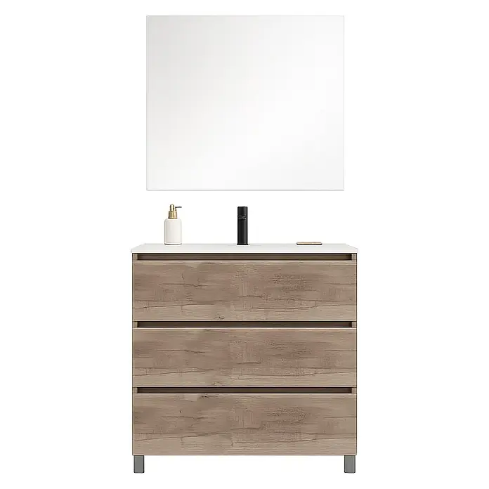 Conjunto de mueble de baño Inter - Ancho: 80 cm, Nebraska, 3 pzs. - Espejo rectangular sobre un mueble de baño de madera clara con tres cajones, encimera blanca y grifo negro.
