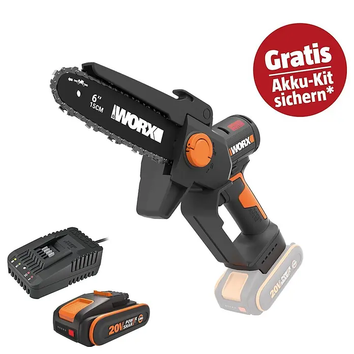 Worx PowerShare 20V Maschinenpaket - Akku-Astsäge WG327E.9 20V, 2,0 Ah Akku & 20V 2A Schnellladegerät - Schwarz-orange WORX Akku-Kettensäge (6"/15cm) mit 20V Power Share Akku und Ladegerät.