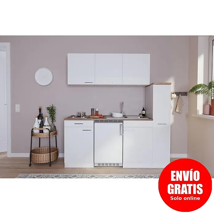 Respekta Cocina compacta Luis - Ancho: 180 cm, Blanco, Color del cuerpo: Blanco, Placa de cocción doble y frigorífico - Minicocina blanca compacta con encimera efecto madera, fregadero, placa de cocción y electrodomésticos integrados, en una estancia moderna.