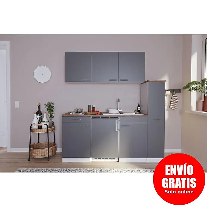Respekta Cocina compacta Luis - Ancho: 180 cm, Gris, Color del cuerpo: Blanco, Placa de cocción doble y frigorífico - Cocina compacta gris con encimera efecto madera, fregadero integrado, placa de cocción y electrodomésticos, ideal para espacios pequeños.