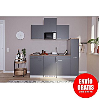 Respekta Cocina compacta Luis (Ancho: 180 cm, Gris, Color del cuerpo: Blanco, Con placa de cocina doble y microondas)