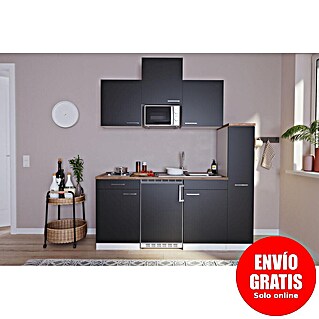Respekta Cocina compacta Luis (Ancho: 180 cm, Negro, Color del cuerpo: Blanco, Con placa de cocina doble y microondas)