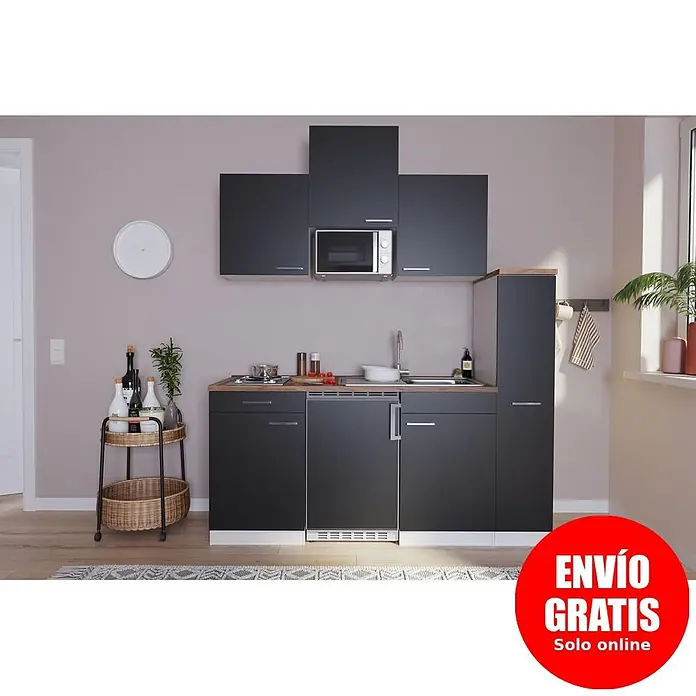 Respekta Cocina compacta Luis - Ancho: 180 cm, Negro, Color del cuerpo: Blanco, Con placa de cocina doble y microondas - Cocina compacta gris oscuro con encimera de efecto madera, fregadero, vitrocerámica, microondas y frigorífico integrados.