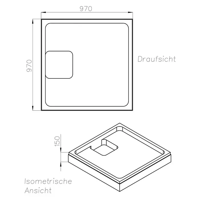 Ottofond Duschwannenträger Liberia - L x B: 97 x 97 cm, Expandiertes Polystyrol, Weiß - Abbildung einer quadratischen Duschwanne mit den Maßen 970 x 970 mm und einer Höhe von 150 mm, dargestellt in Draufsicht und isometrischer Ansicht.
