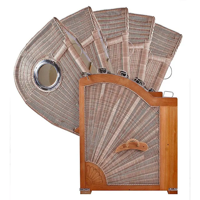 Mr. Deko Strandstuhl Strandkorb Düne - Teakholz. Polyrattan, Rückenlehne verstellbar, PE Shell, B x T x H: 125 x 80 x 170 cm - Verstellbarer Strandkorb aus Naturgeflecht und Holz mit Bullaugenfenster, für entspanntes Liegen.