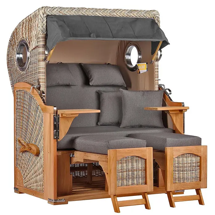 Mr. Deko Strandstuhl Strandkorb Düne - Teakholz. Polyrattan, Rückenlehne verstellbar, PE Shell, B x T x H: 125 x 80 x 170 cm - Strandkorb aus Korbgeflecht und Holz mit dunkelgrauen Polstern, klappbaren Fußstützen und Beistelltischen für Entspannung im Freien.