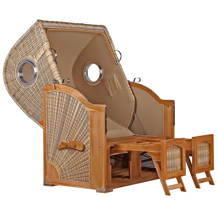 Mr. Deko Strandstuhl Strandkorb Düne - Teakholz. Polyrattan, Rückenlehne verstellbar, PE Shell, B x T x H: 125 x 80 x 170 cm - Strandkorb aus Rattan und Holz mit beigefarbenem Stoffinterieur, Bullaugen, verstellbarer Rückenlehne und ausziehbaren Fußstützen.