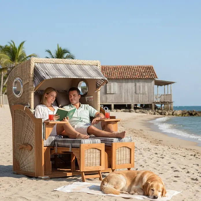 Mr. Deko Strandstuhl Strandkorb Düne - Teakholz. Polyrattan, Rückenlehne verstellbar, PE Shell, B x T x H: 125 x 80 x 170 cm - Geflochtener Strandkorb aus Korbgeflecht und Holz mit gestreifter Markise und Polstern, am Sandstrand mit zwei entspannenden Personen und einem Hund.