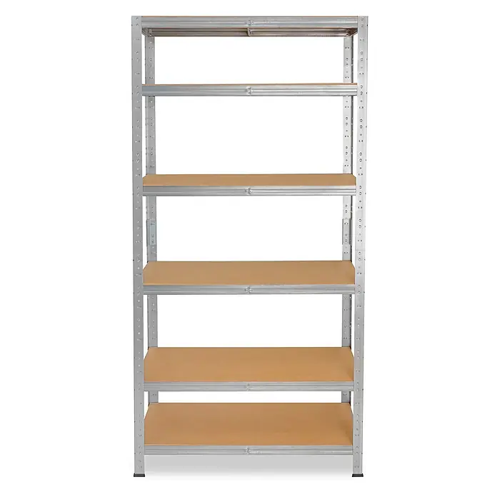 shelfplaza Schwerlastregal HOME - H x B x T: 155 x 80 x 23 cm, Traglast pro Boden: 175 kg, Anzahl Böden: 6 Stk., Stecken, verzinkt - Fünfstufiges Schwerlastregal aus verzinktem Metall mit braunen MDF-Böden.