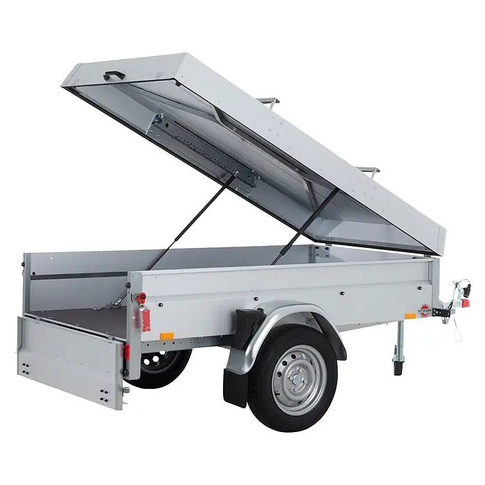 Stema Anhänger BASIC PLUS 750 - Nutzlast: 569 kg, Einachser, Kasteninnenmaß: 201 x 108 x 45 cm, Ungebremst - Silberner Anhänger mit geöffnetem, auf Gasdruckfedern gestütztem Deckel.