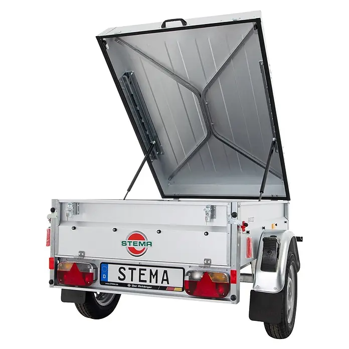 Stema Anhänger BASIC PLUS 550 - Nutzlast: 387 kg, Einachser, Kasteninnenmaß: 154 x 108 x 45 cm, Ungebremst - Silberner Anhänger mit offenem Wellblechdeckel, zeigt Gasdruckfedern und Innenstruktur.