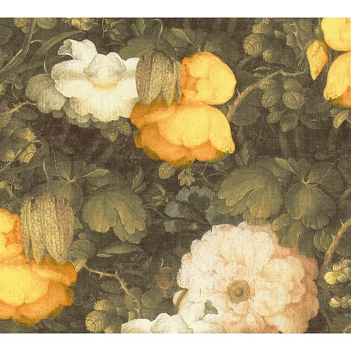 A.S. Création Metropolitan Stories Vliestapete Aquarell-Blume - Grün/Gelb/Creme, Floral, 10,05 x 0,53 m - Blumenstillleben-Tapete mit weißen und gelben Blumen, eingebettet in üppiges grünes Laub, das eine elegante und künstlerische Atmosphäre schafft.