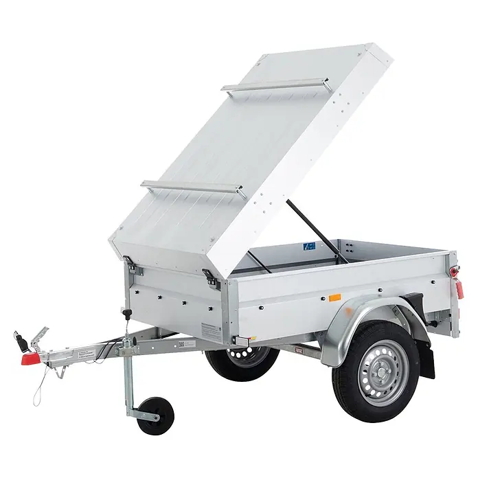 Stema Anhänger BASIC PLUS 550 - Nutzlast: 387 kg, Einachser, Kasteninnenmaß: 154 x 108 x 45 cm, Ungebremst - Silberfarbener Metallanhänger mit offenem Hartschalen-Deckel, der den Laderaum zeigt.