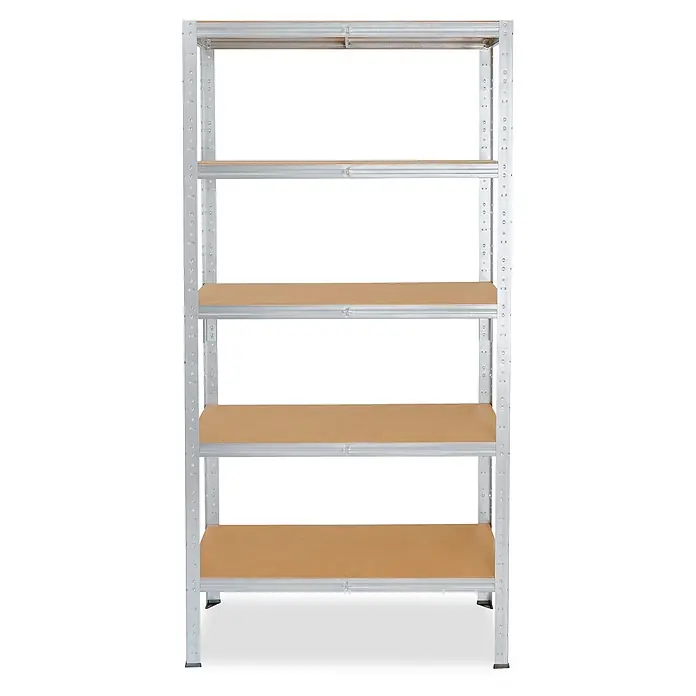 shelfplaza Schwerlastregal HOME - H x B x T: 180 x 70 x 45 cm, Traglast pro Boden: 175 kg, Stecken, verzinkt - Silbernes Metallregal mit fünf braunen Holzböden, ideal für Garage oder Abstellraum.